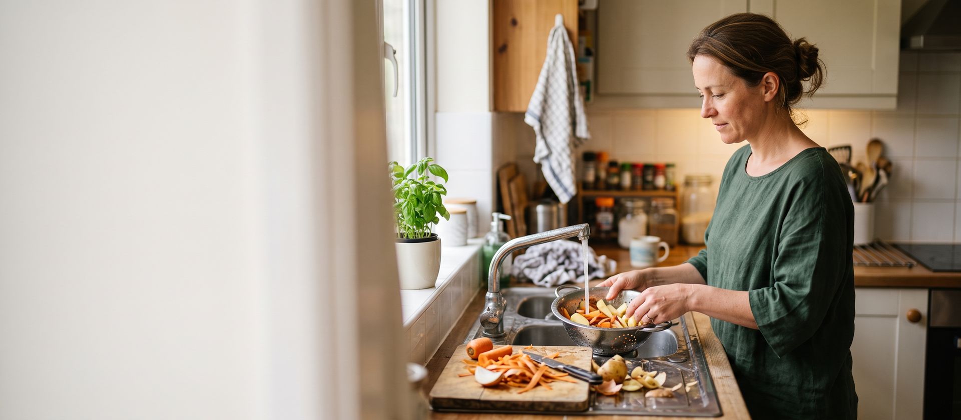 Une femme rince des légumes dans l'évier d'une cuisine familiale, épluchures de carottes et de pommes de terre sur la planche à découper